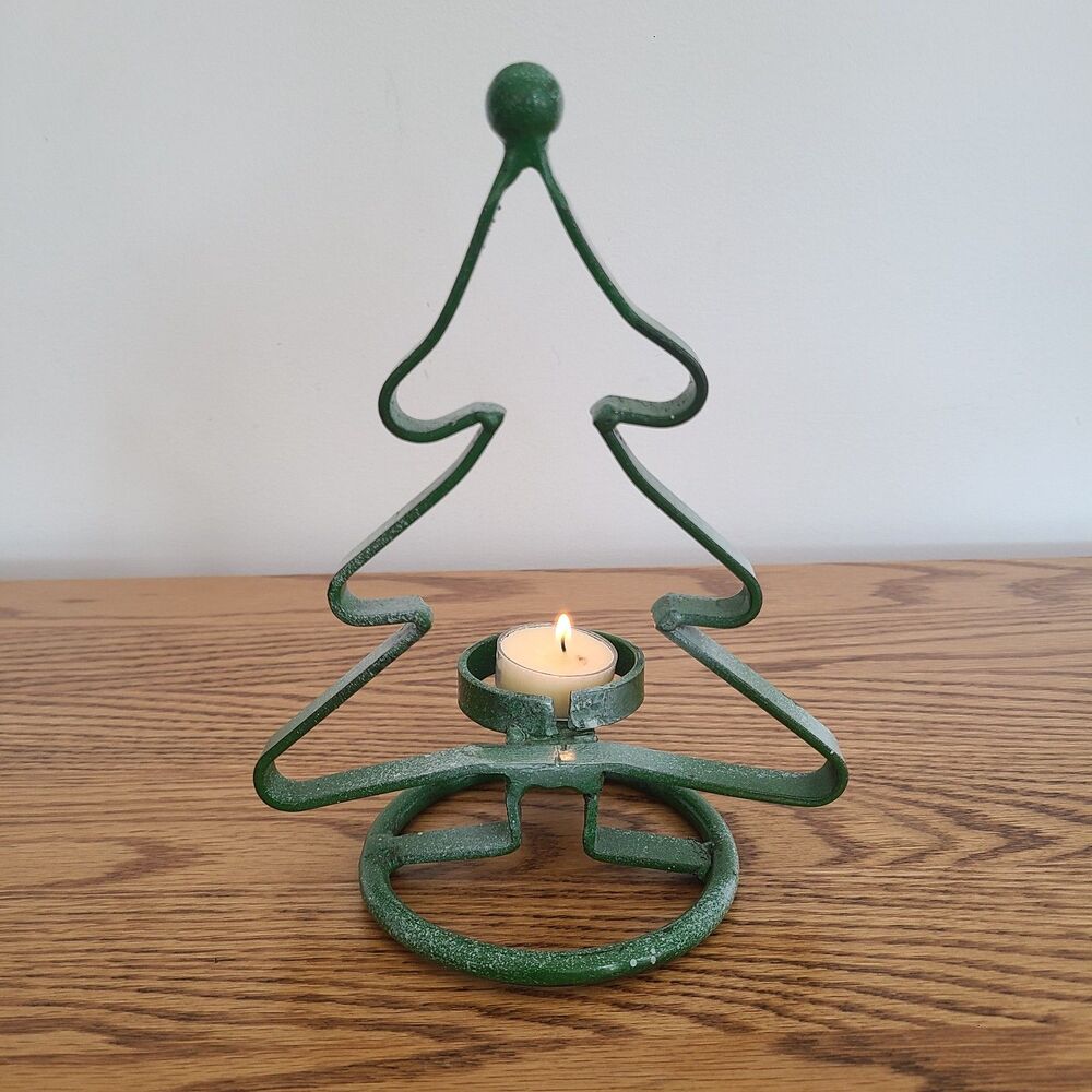 Vintage Green Cast Wrought Iron Metal Christmas Tree Tealight Candle Holder